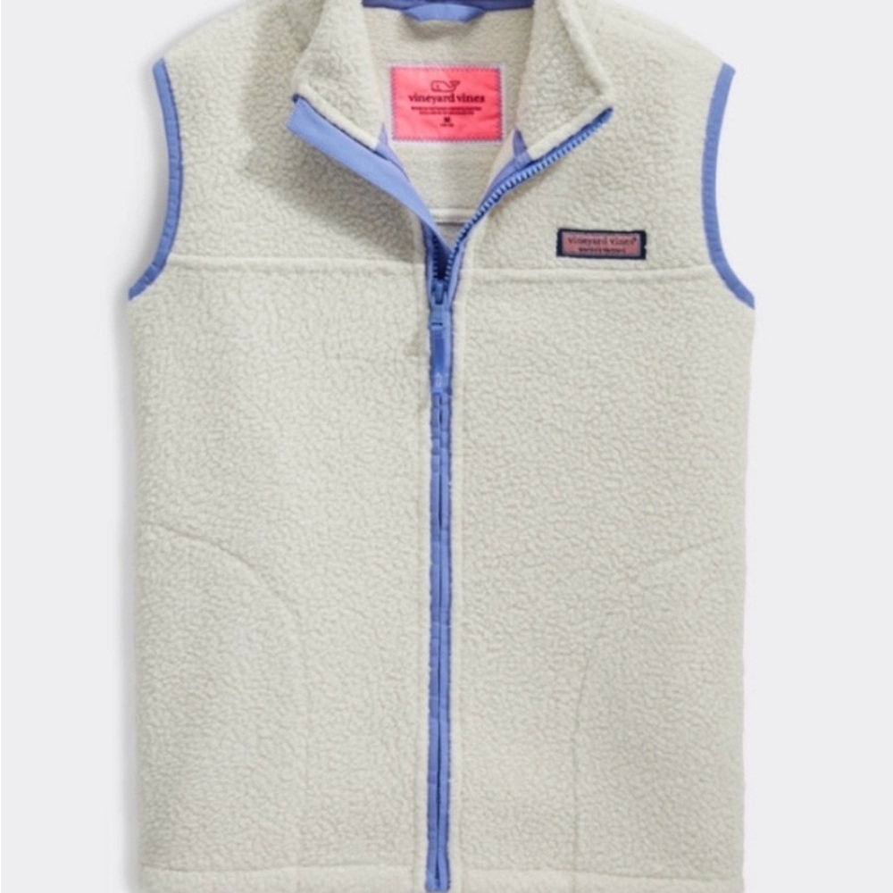 Vineyard Vines Cream Sherpa Vest with Blue Trim